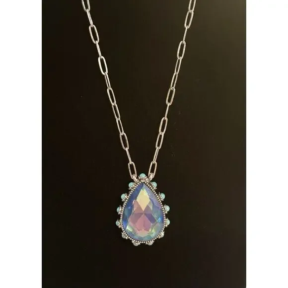 Iridescent Teardrop Crystal Pendant Necklace with Turquoise Beads - Picture 3 of 4